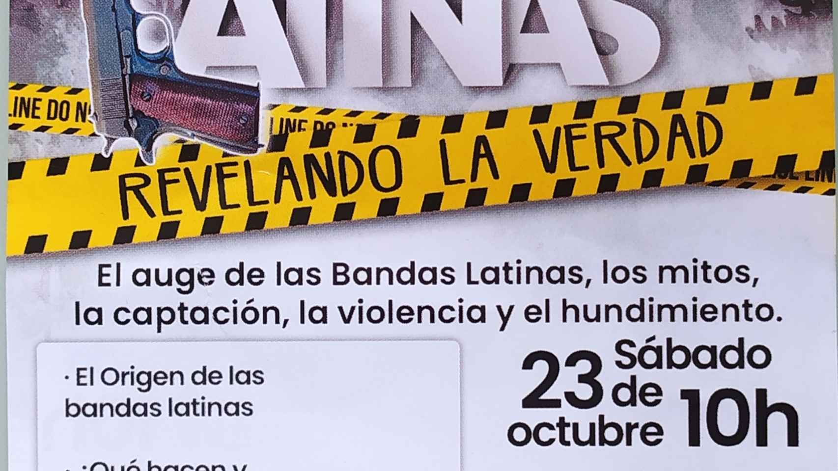 Panfleto informativo del Centro de Ayuda Cristiano sobre bandas latinas.