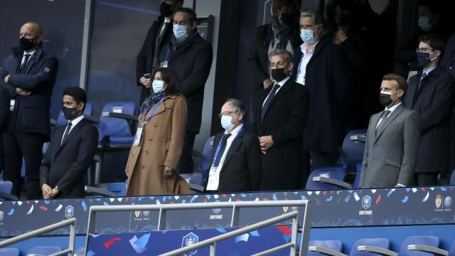 Nasser Al-Khelaifi, presidente del PSG, Noel Le Graet, presidente de la FFF, Vincent Labrune, presidente de la LFP, y Emmanuel Macron. presidente de la República, en el palco del Stade de France.