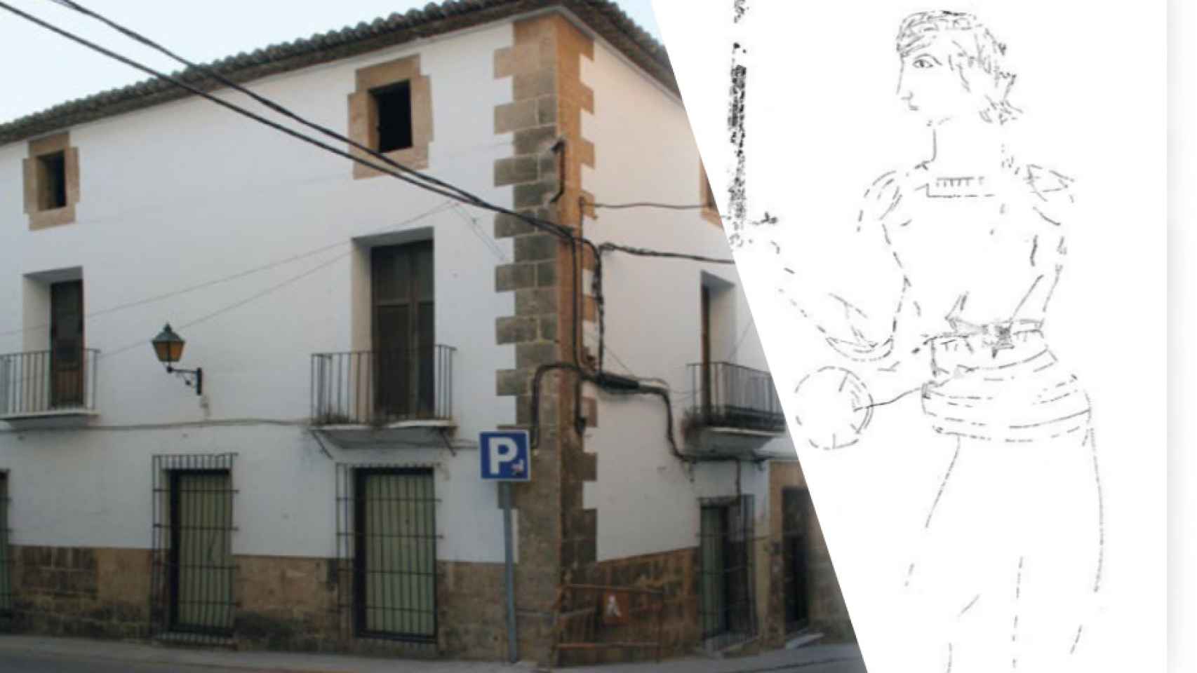 La Casa Candelaria, en su estado actual y  la derecha, el calco del grafiti de un caballero del siglo XV.