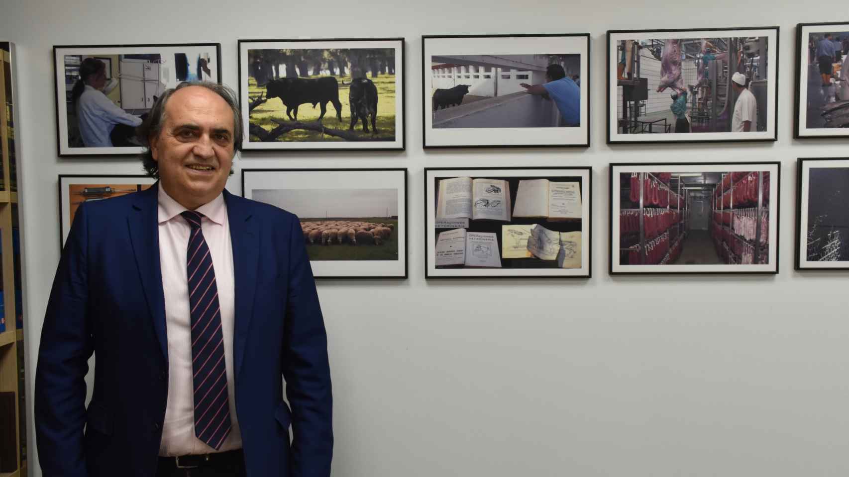 El presidente de los veterinarios posa ante varias fotografías de los diferentes ámbitos en los que trabajan