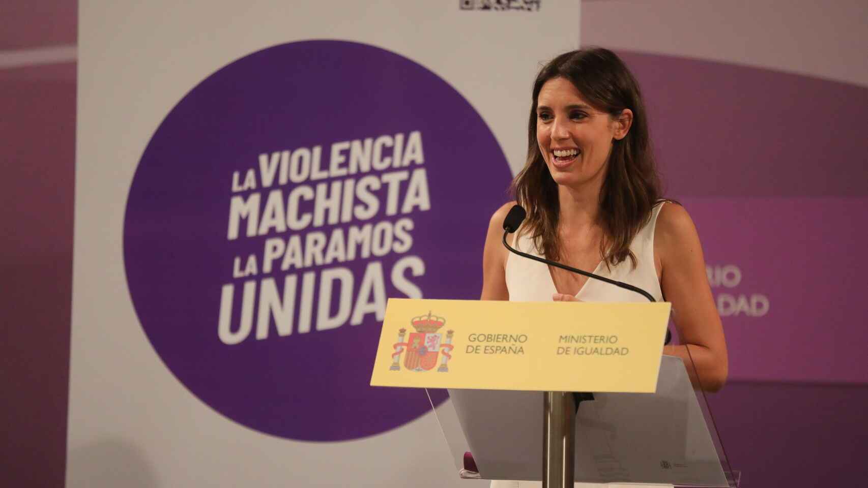 La ministra de Igualdad, Irene Montero, el  28 de julio, presentando en Madrid la Iniciativa Punto Violeta.