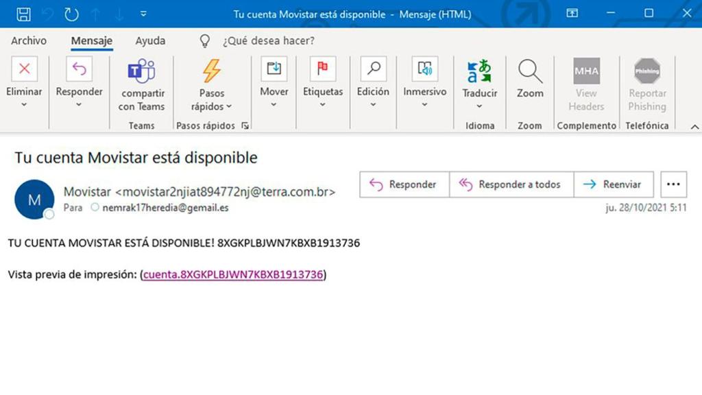 Captura de pantalla del correo.