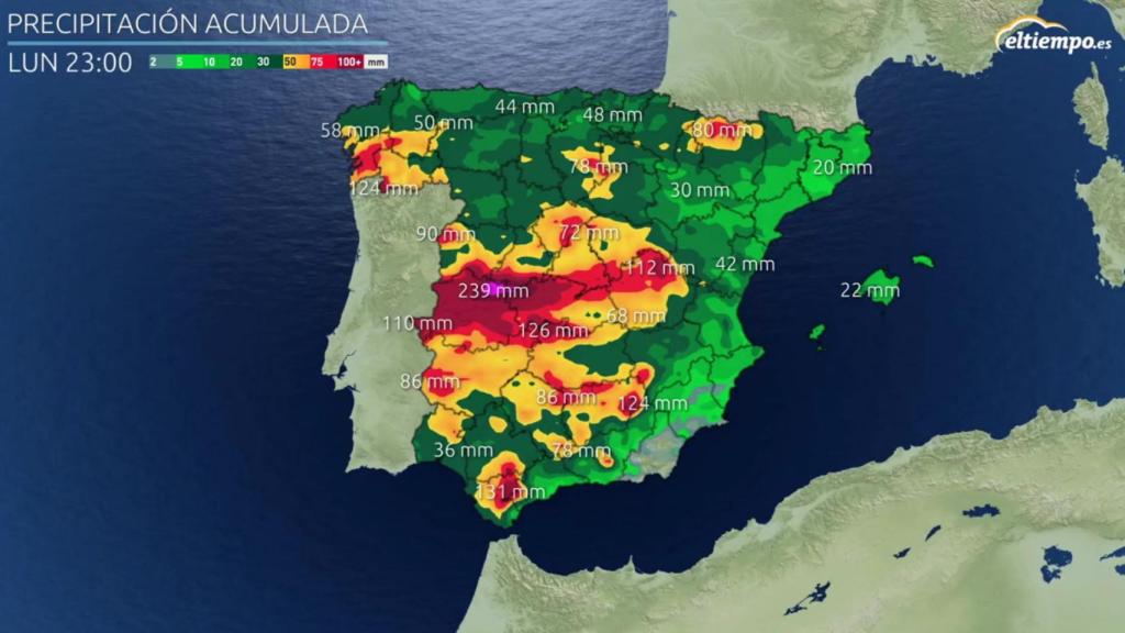 Previsión de acumulación de precipitaciones a lo largo del puente. Eltiempo.es