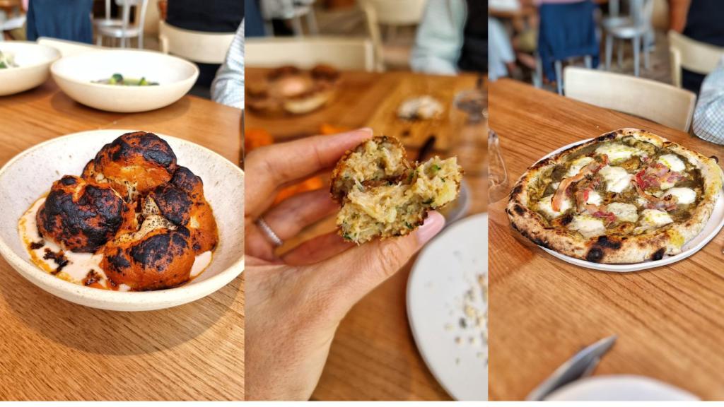 Coliflor asada, interior de las croquetas de centollo y pizza