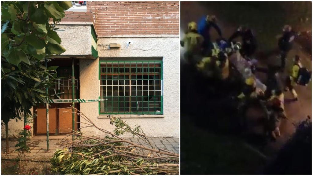 Entrada del local donde sucedieron los hechos y momento de la evacuación de los servicios de emergencias.