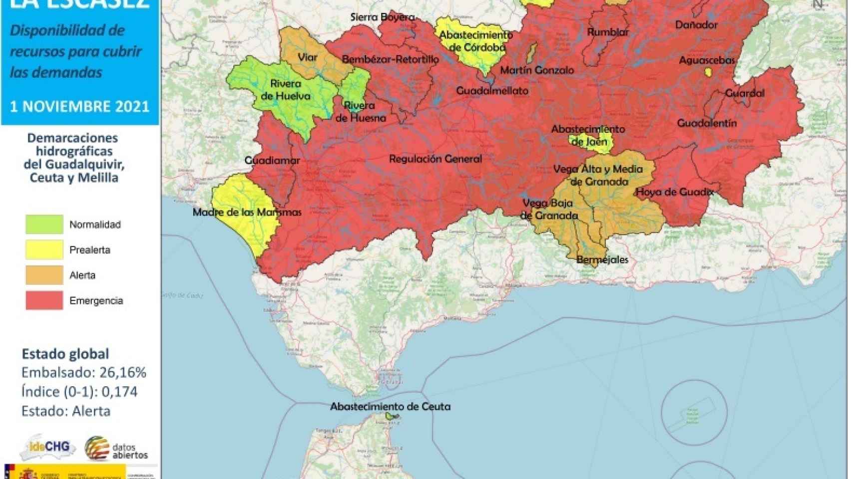 Mapa de la cuenca del Guadalquivir con la zona afectada por la sequía extraordinaria