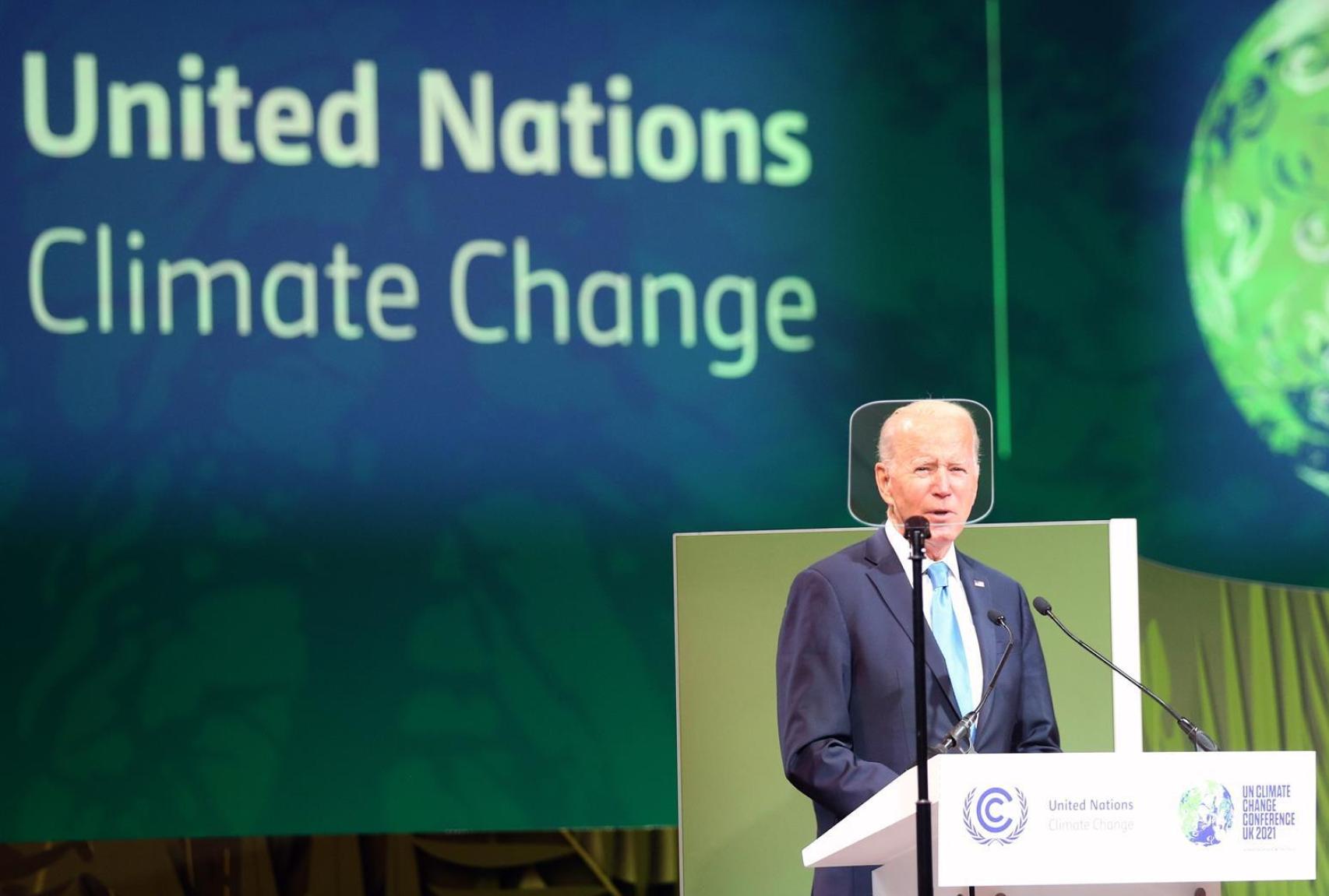 El presidente estadounidense Joe Bien durante la COP26 de 2021.