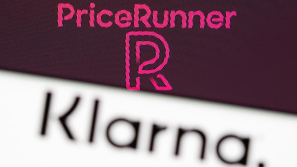 Klarna logo is seen on smartphone in front of displayed Pricerunner logo in this illustration