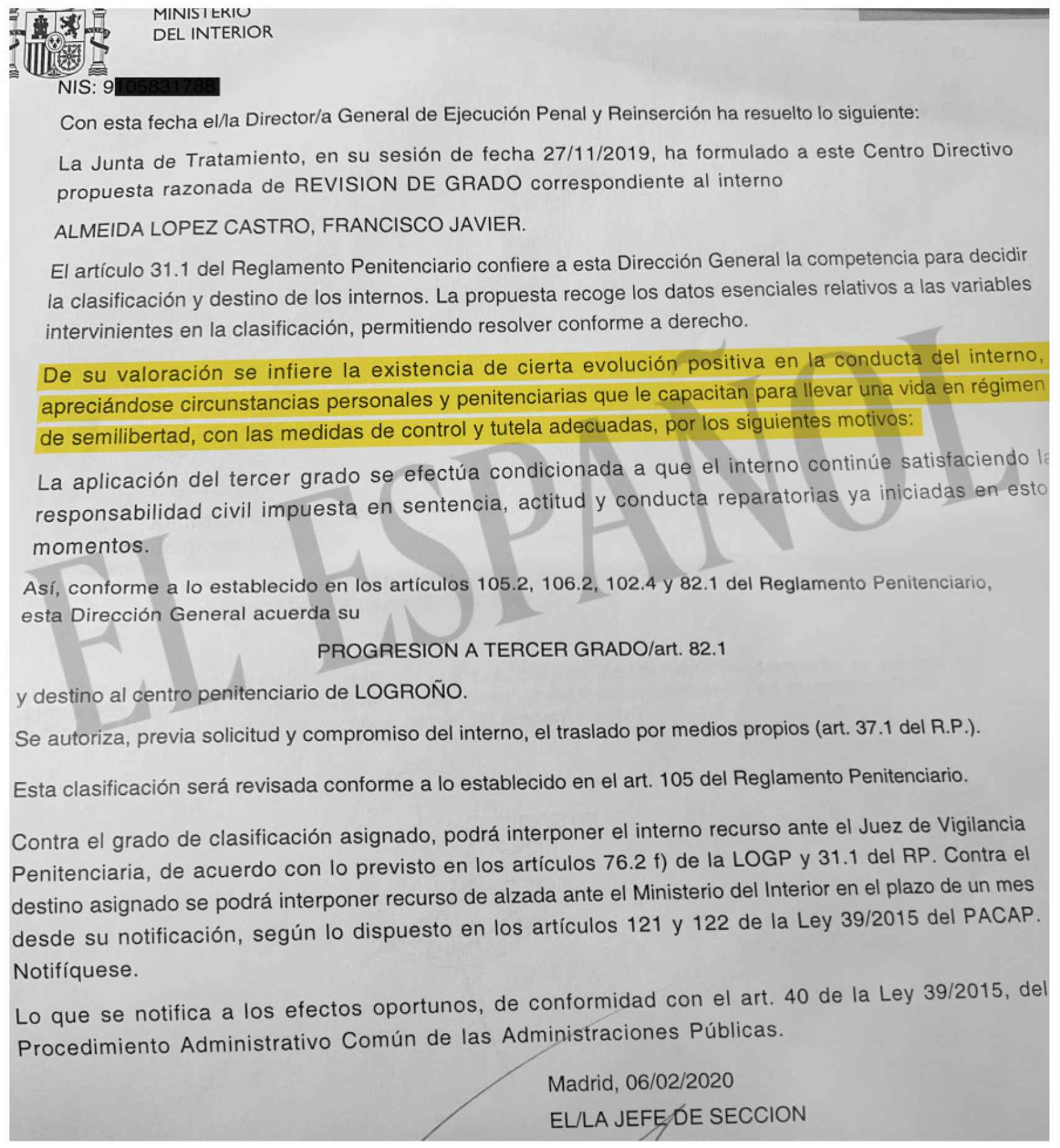 Acuerdo de progresión a tercer grado de Francisco Javier Almeida./