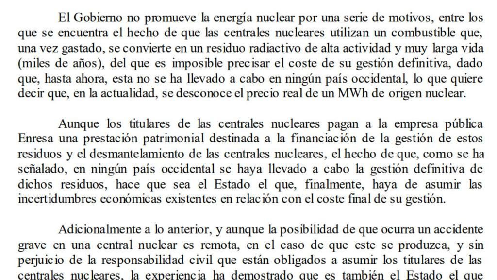 Fragmento de la respuesta parlamentaria ofrecida por el Gobierno.