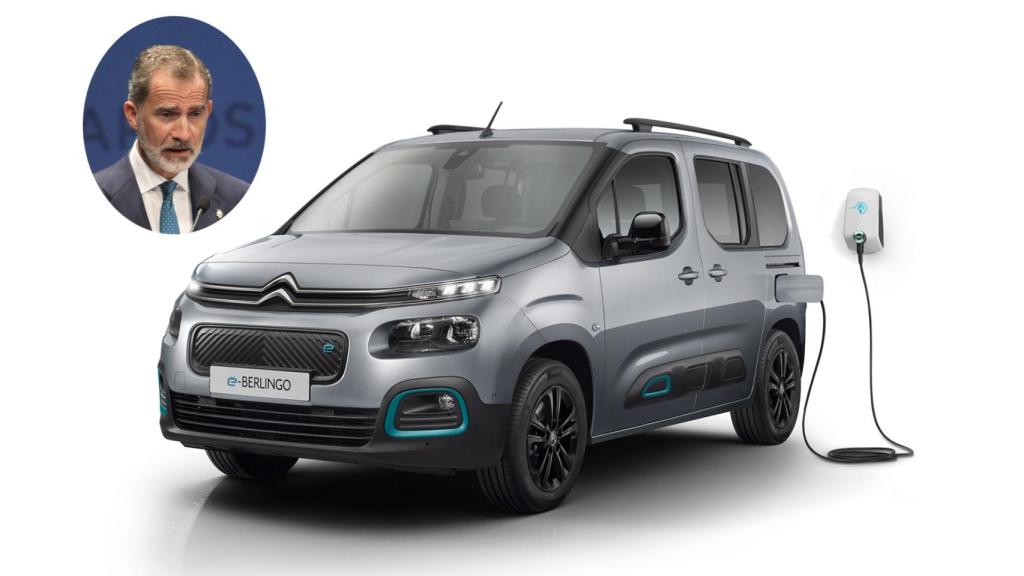 Montaje con la imagen del rey sobre el nuevo Citroën Berlingo en su versión 100% eléctrica.