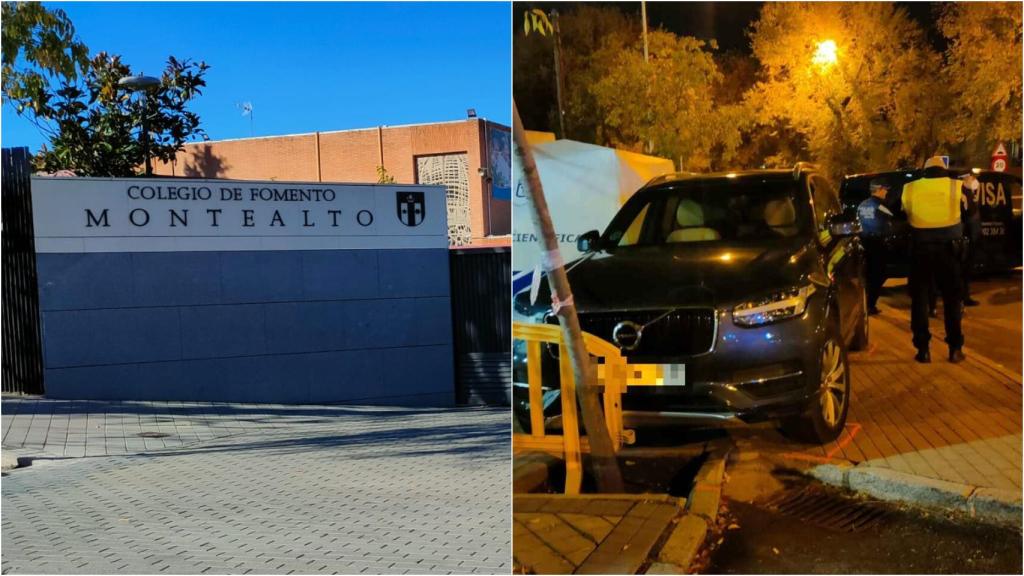 Entrada del colegio este viernes, durante el funeral. A la derecha, la imagen del vehículo.