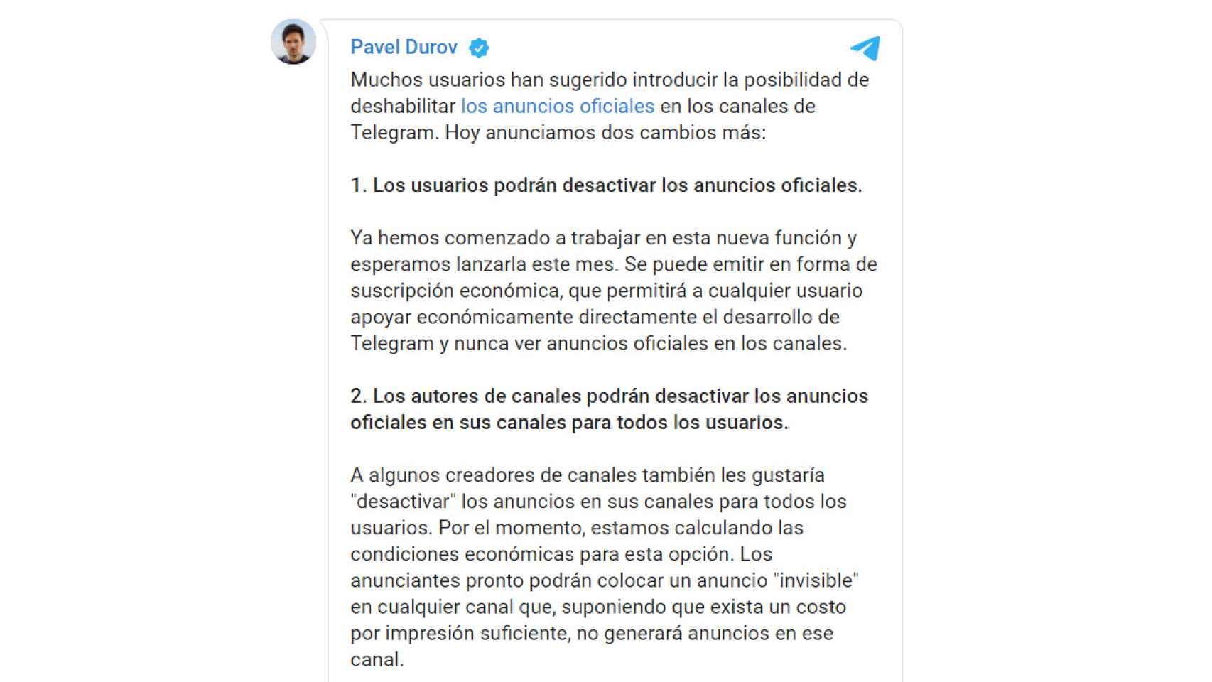 Mensaje traducido de Pavel Durov de Telegram