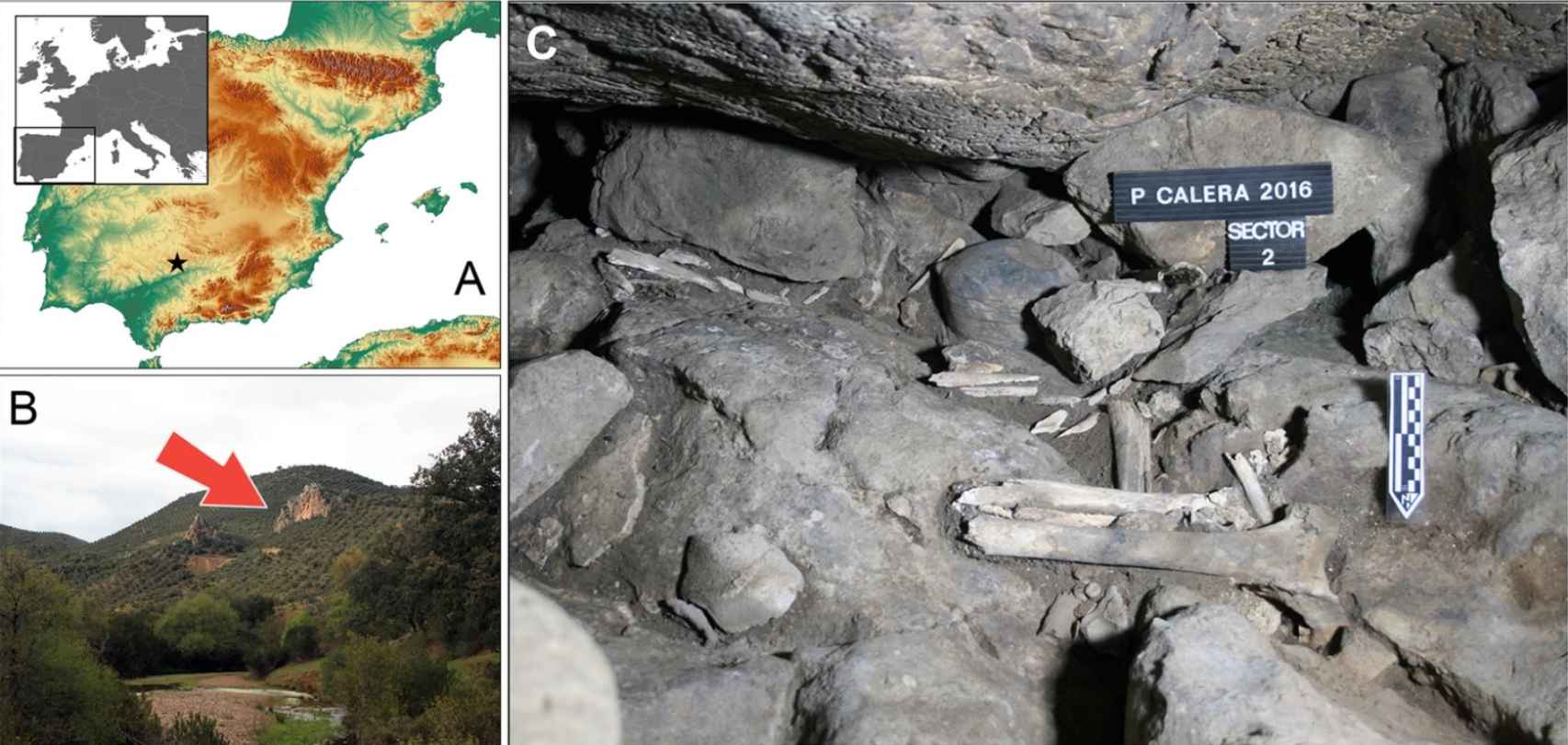Ubicación de la cueva en el mapa y vista de uno de los depósitos excavados.