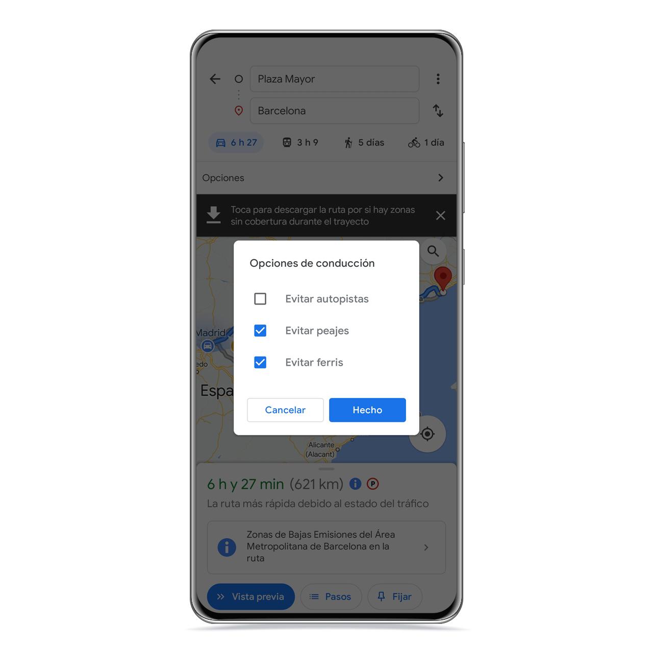 Evitar peajes en Google Maps