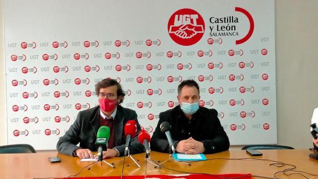 Un momento de la rueda de prensa de los representantes sindicales de UGT