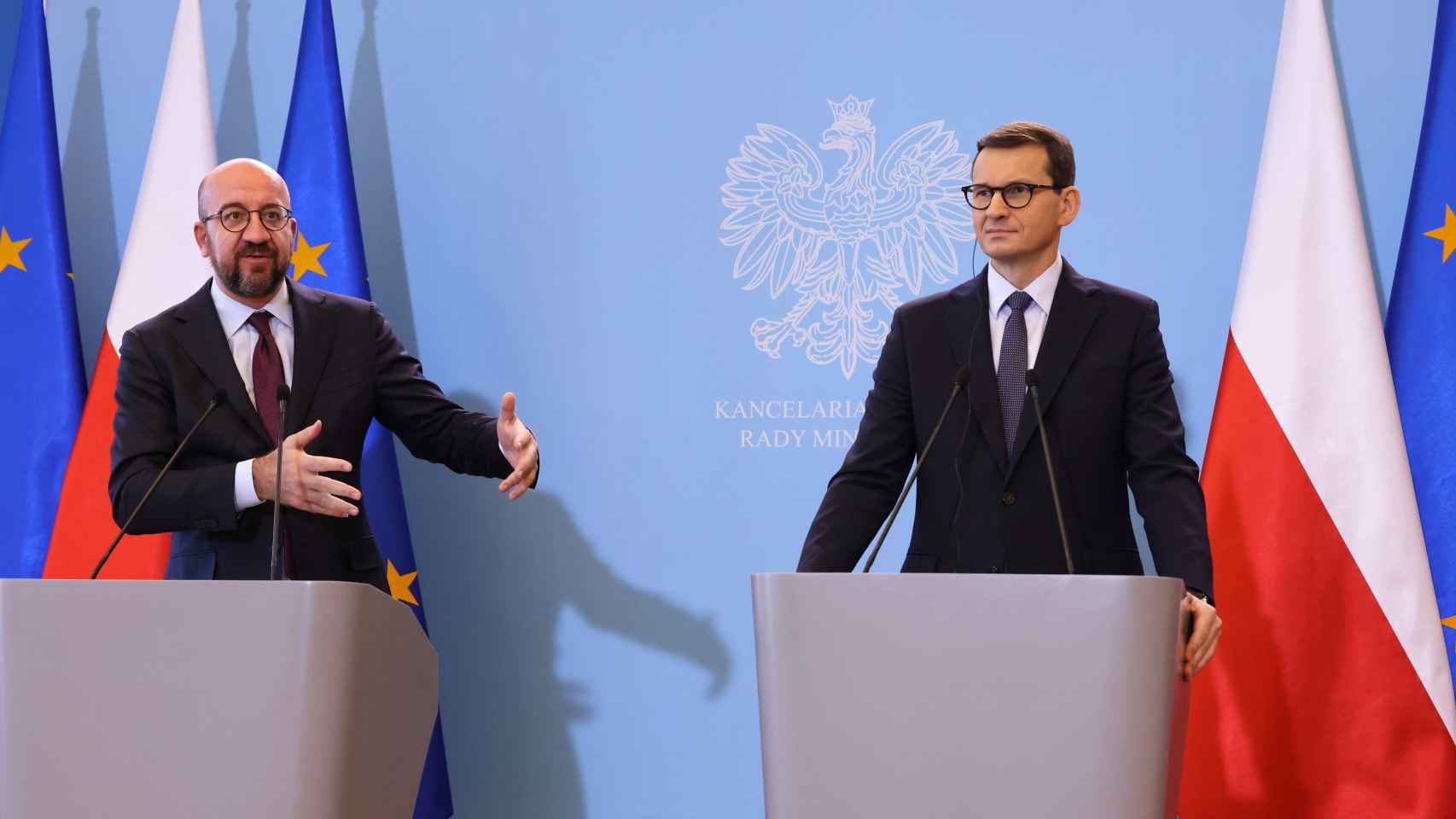El presidente del Consejo Europeo, Charles Michel, durante su reunión con el primer ministro polaco, Mateusz Morawiecki
