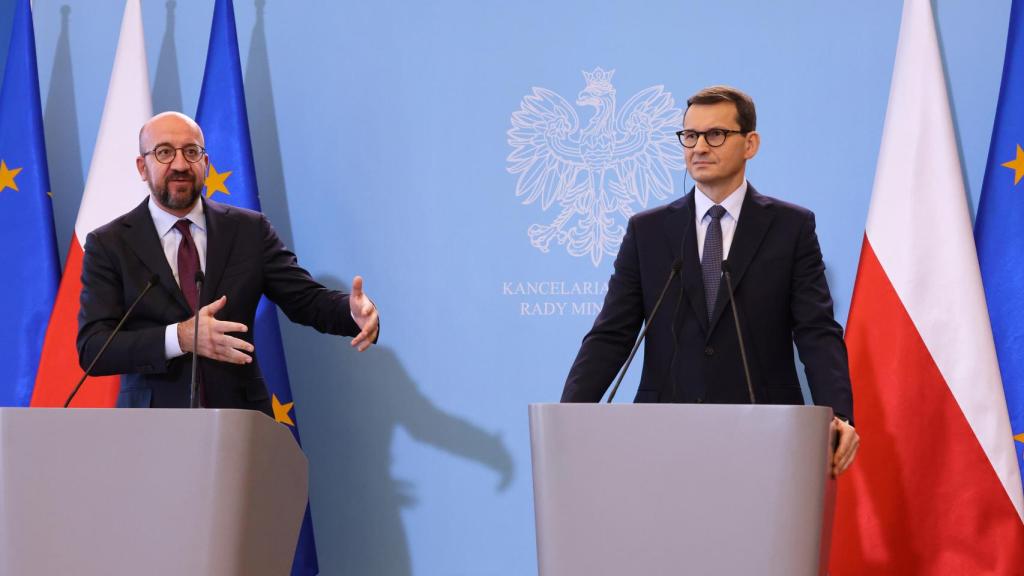 El presidente del Consejo Europeo, Charles Michel, durante su reunión con el primer ministro polaco, Mateusz Morawiecki