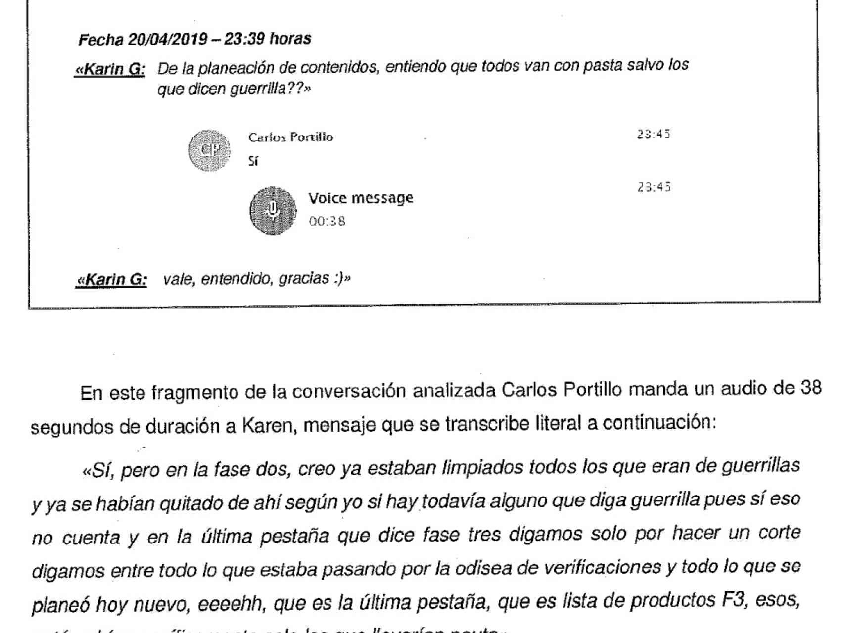 El informe remitido por la UDEF al juez refleja la conversación de chat mantenida entre la empleada de Podemos y el director creativo de Neurona Carlos Portillo.