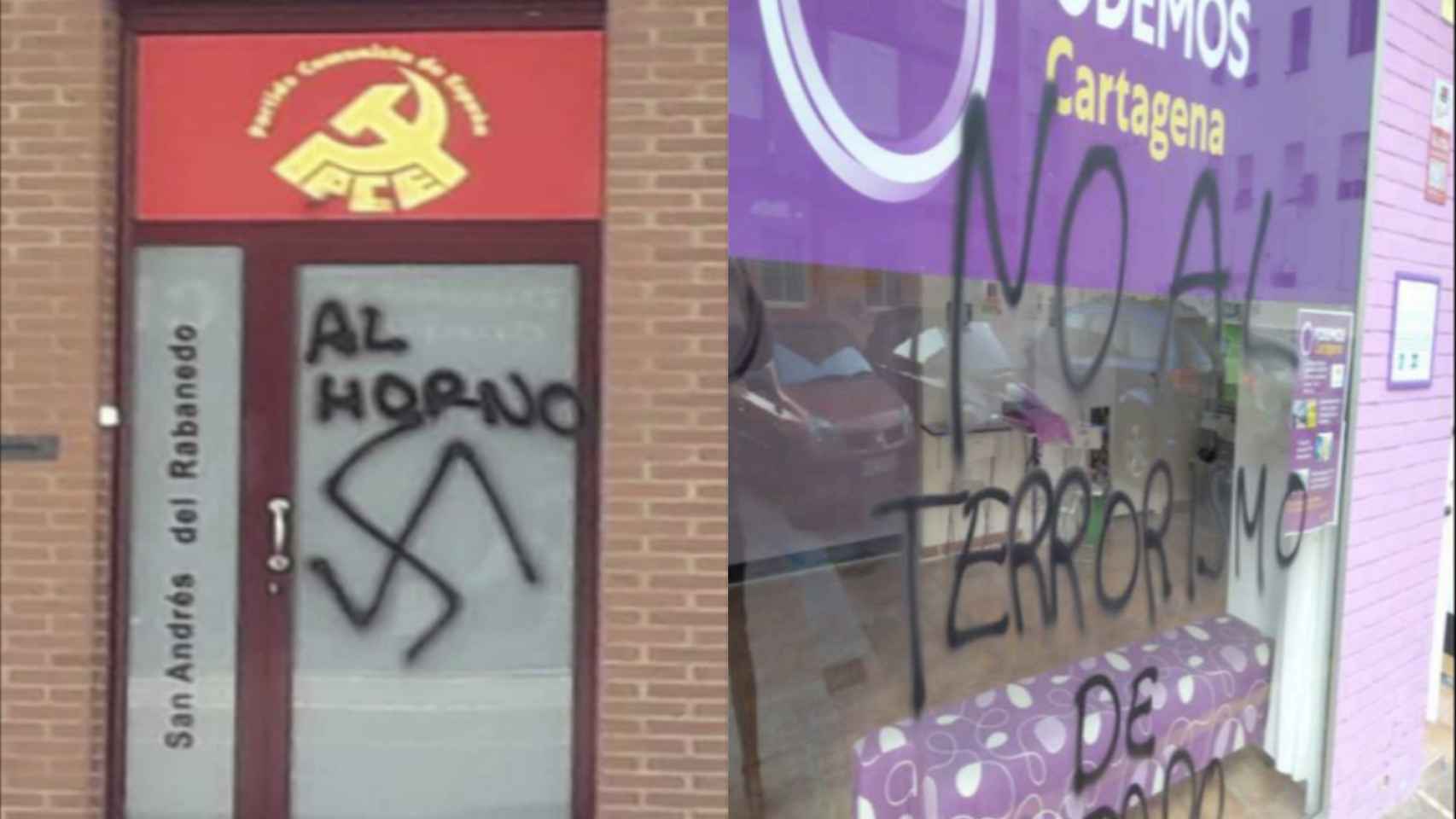 Los grafitis de la sede de IU en un pueblo de León y los del local de Podemos en Cartagena que analizó la Policía Nacional.