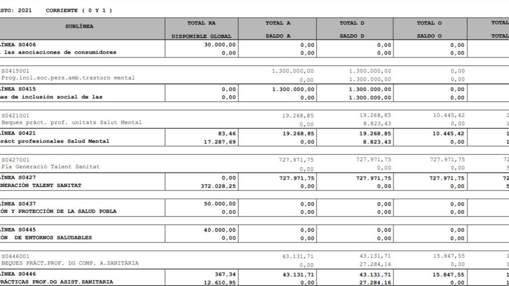 Detalle de los presupuestos para este año. La partida a cero es la segunda, empezando por arriba.
