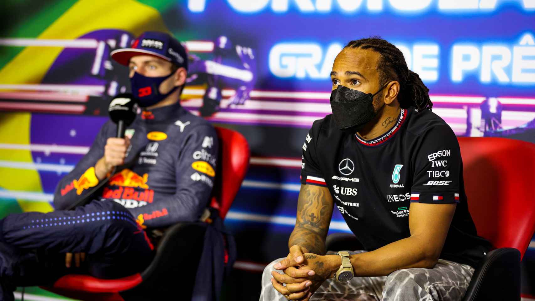 Max Verstappen y Lewis Hamilton, durante la rueda de prensa tras el Gran Premio de Sao Paulo 2021