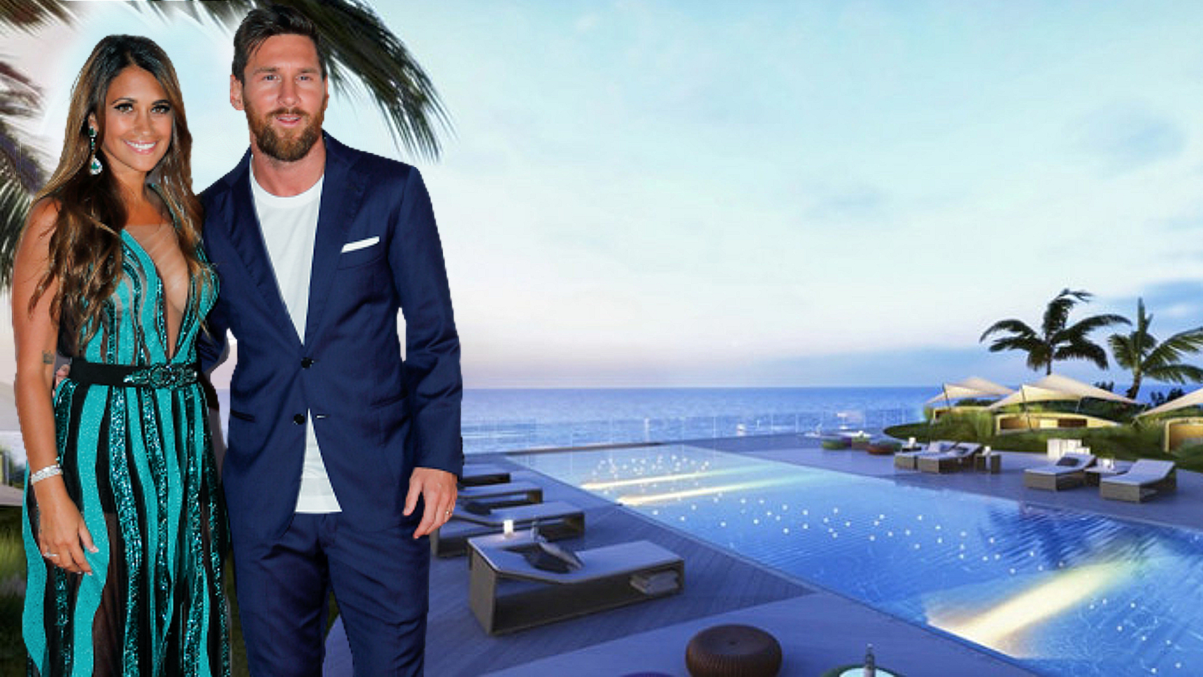 Antonela Roccuzzo y Leo Messi junto a su apartamento de Miami, en un montaje de Jaleos.