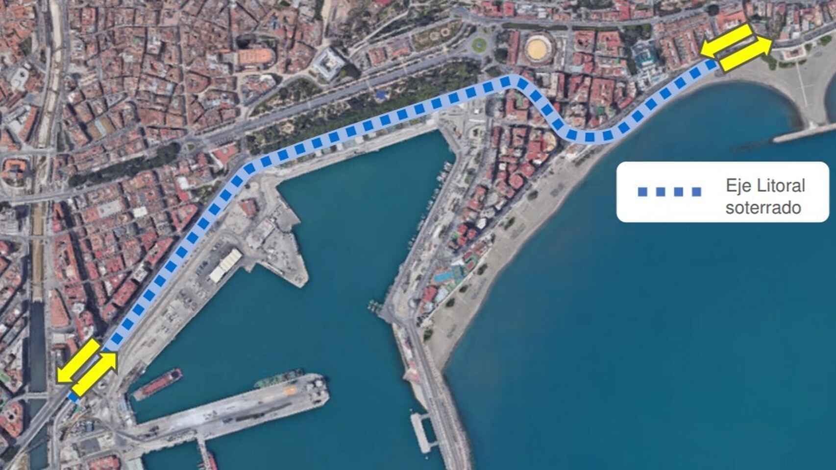 Trazado del futuro túnel del eje litoral de Málaga.