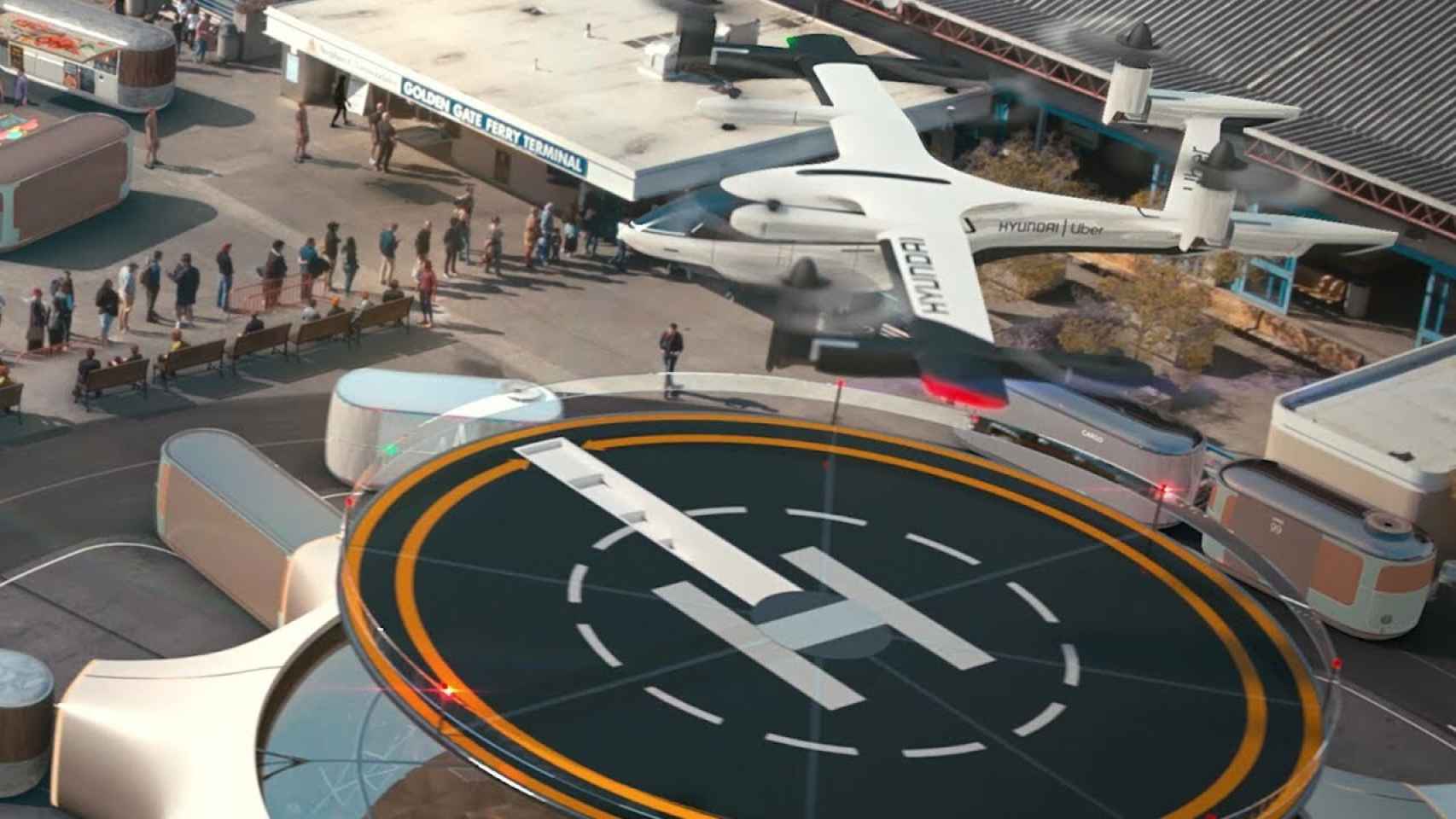Imagen de cómo sería una estación donde se podrían solicitar los vehículos voladores.
