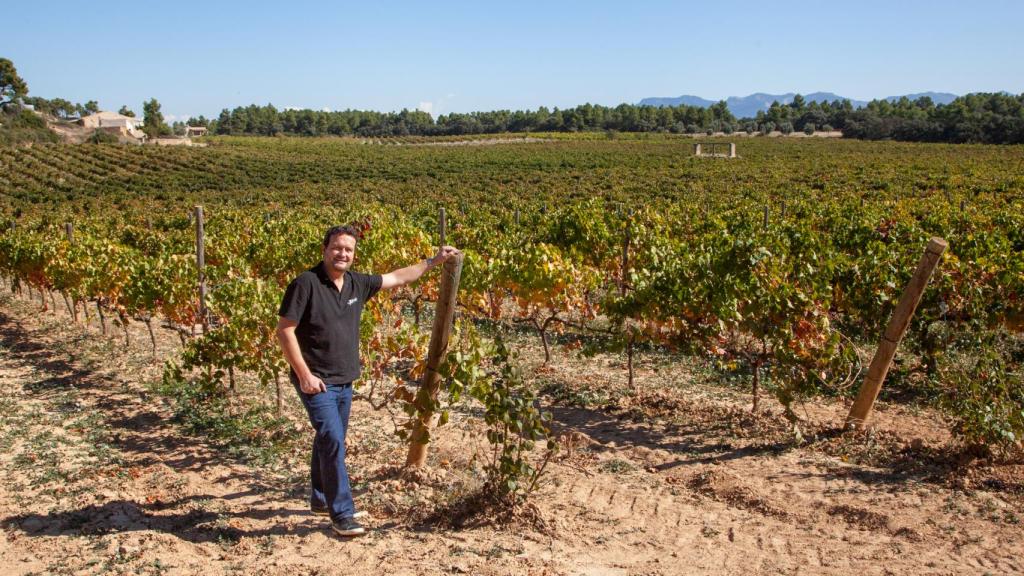 El enólogo Enrique Monreal, junto a las viñas de su finca, Mas de Torubio, en Cretas.