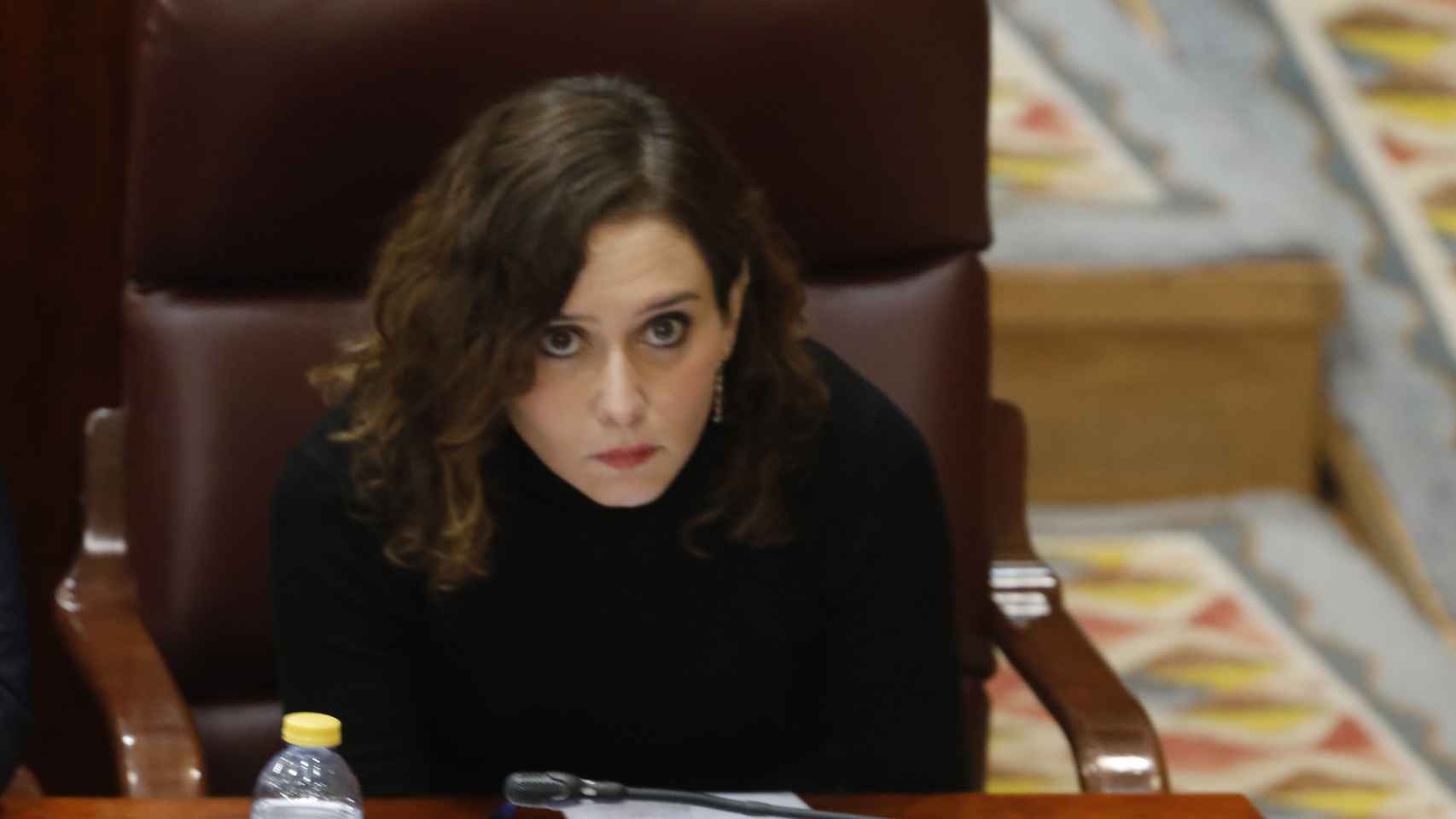 La presidenta de la Comunidad de Madrid, Isabel Díaz Ayuso, en la sesión de control al Gobierno de la Comunidad de Madrid, este jueves en la Asamblea.
