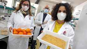 Raquel Lucas (derecha), Juana Fernández y Manuel Viuda en el laboratorio dónde desarrollan sus investigaciones.