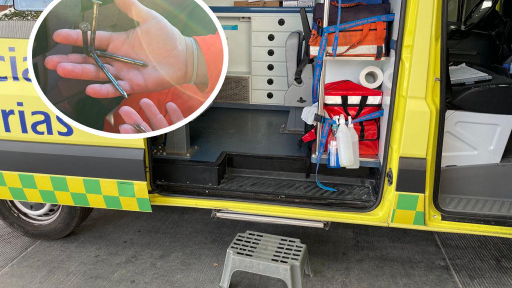 Clavos de los presuntos sabotajes y una ambulancia con el taburete. Imágenes cedidas por CGT