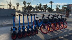 Imagen de patinetes y bicis de Dott compartiendo estacionamiento en el Paseo Marítimo Antonio Banderas.