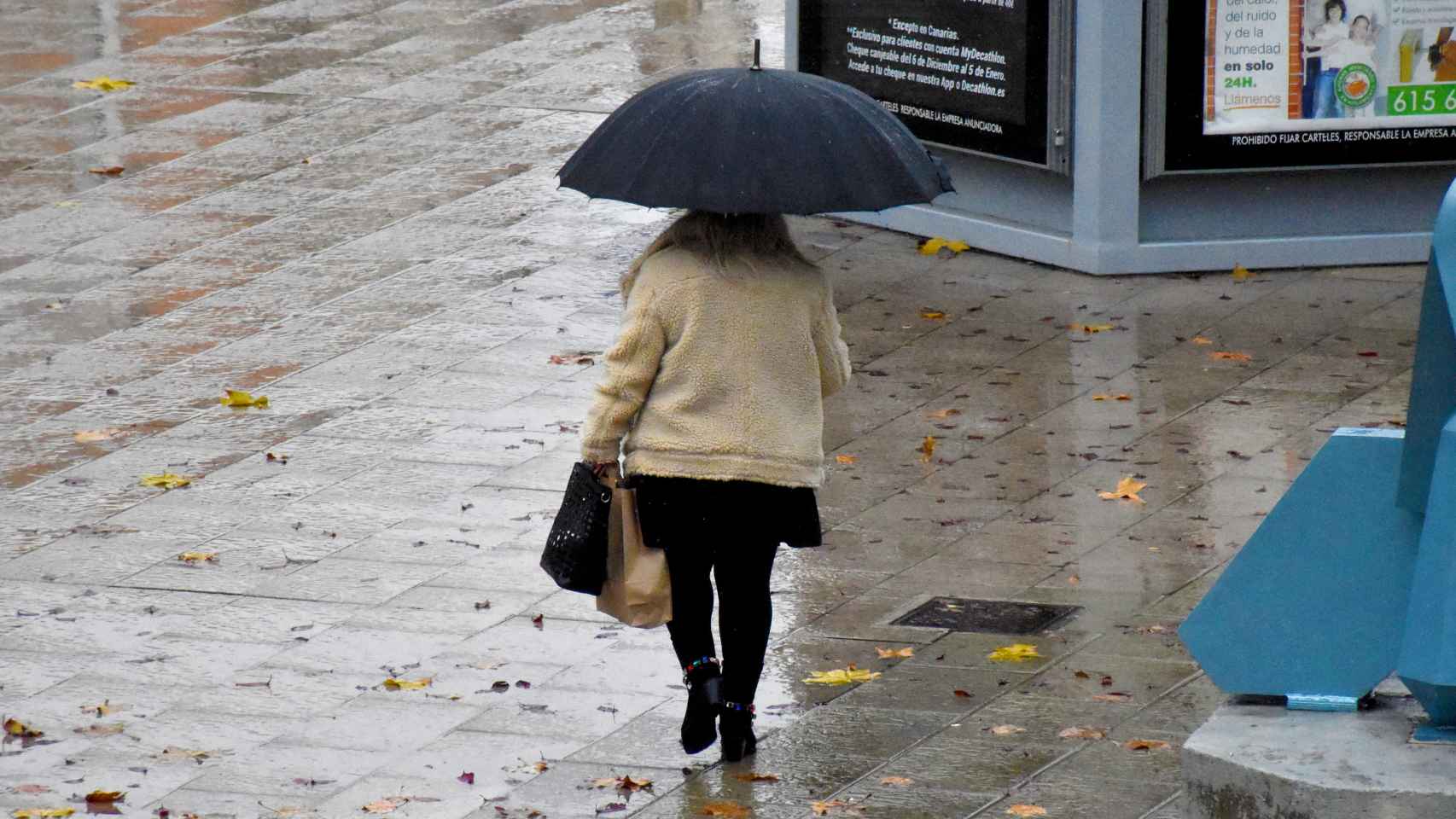 Una mujer pasea bajo la lluvia en Zamora