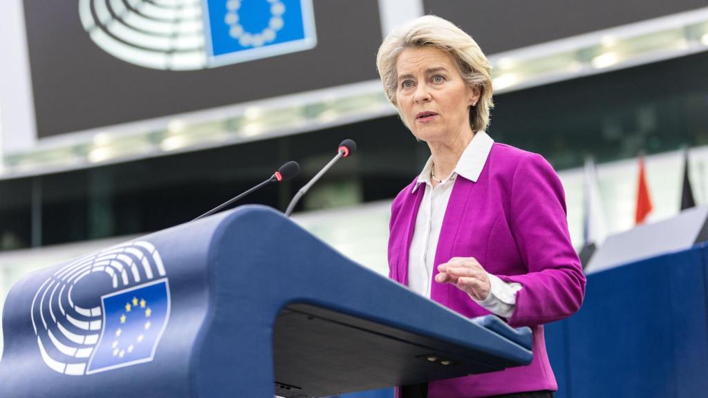 La presidenta Ursula von der Leyen, durante su discurso en la Eurocámara de este martes