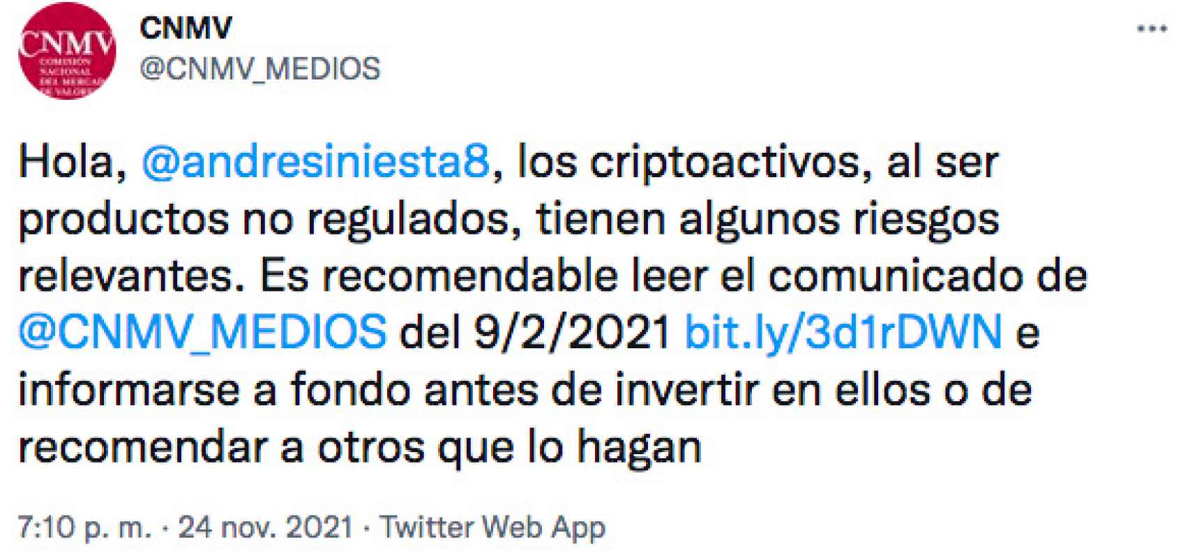 Mensaje de la CNMV en Twitter para Iniesta.