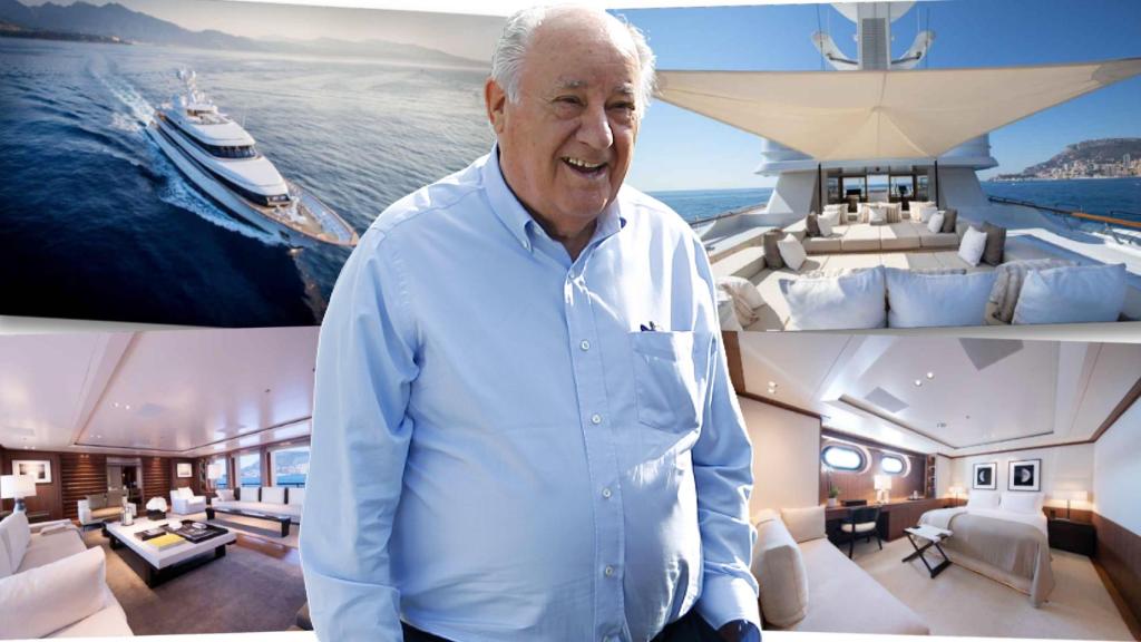 Amancio Ortega junto al yate que ha puesto a la venta en un montaje de EL ESPAÑOL.