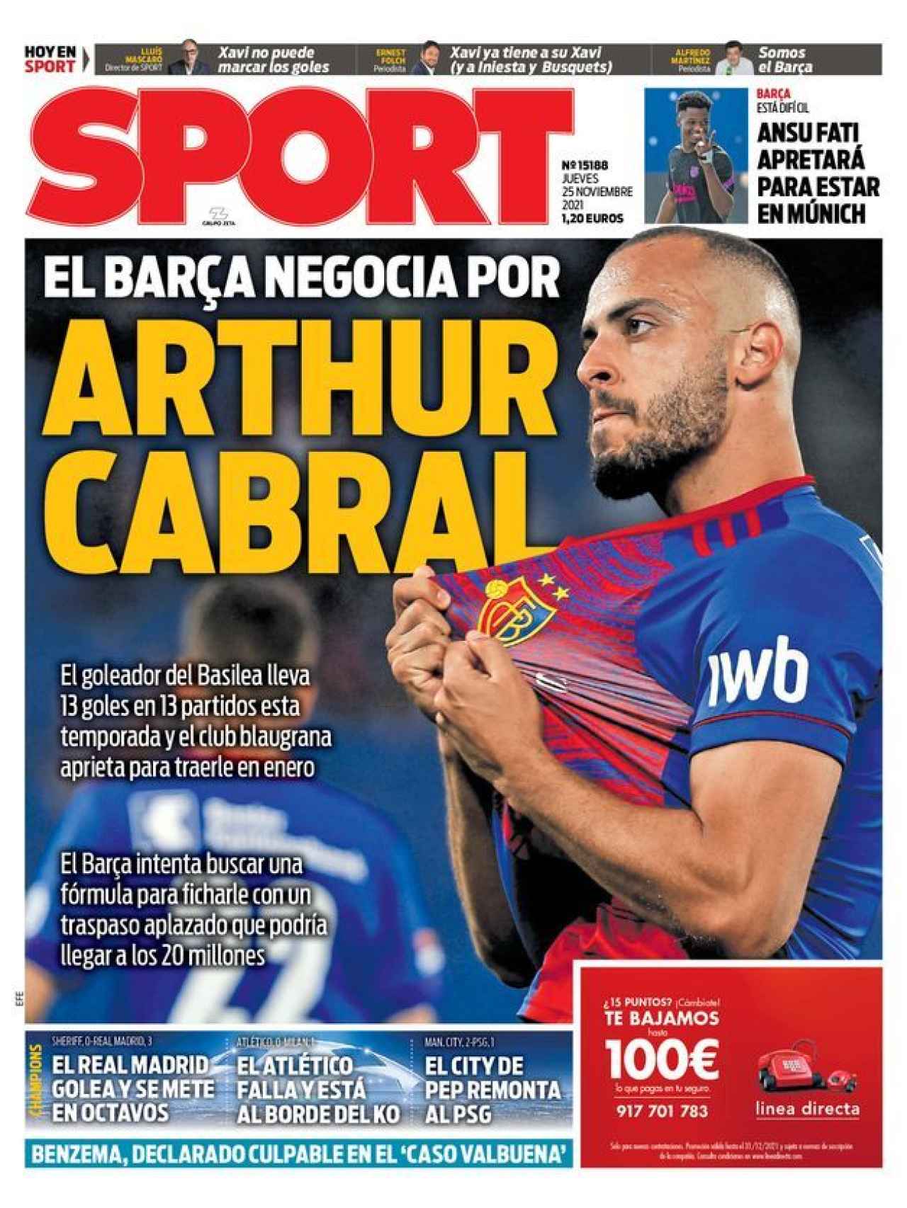La portada del diario Sport (25/11/2021)