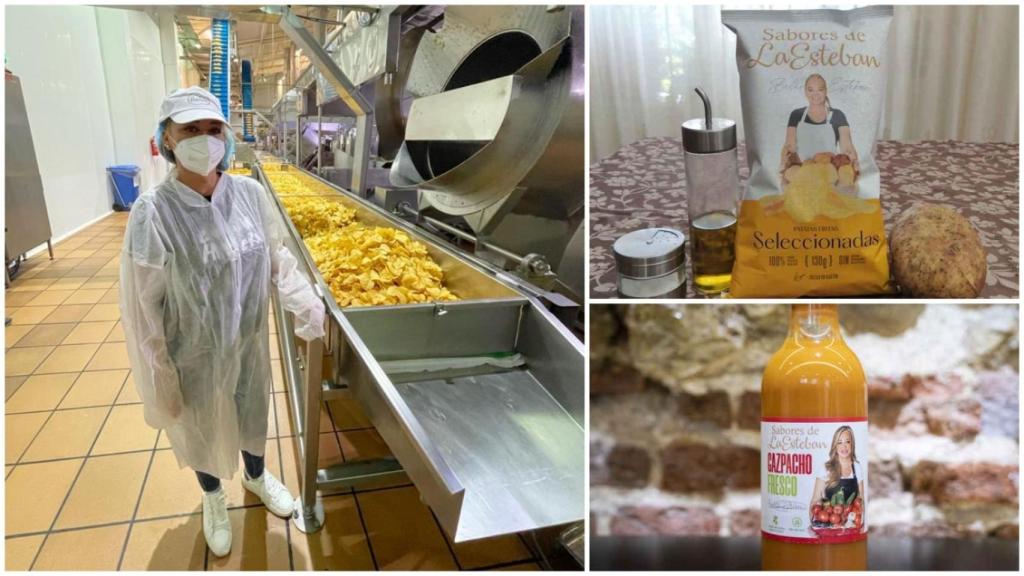 Belén Esteban en las instalaciones de Patatas Rubio en Bullas, junto a sus productos de Sabores de la Esteban,