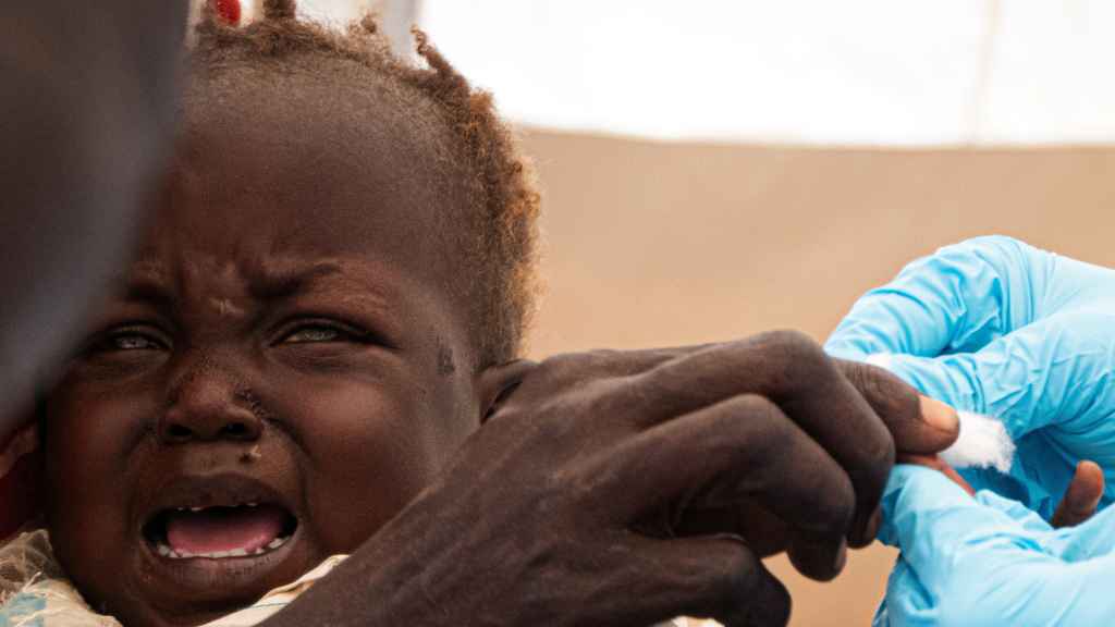 Un niño llora mientras le hacen la prueba para ver si tiene malaria en Sudán.