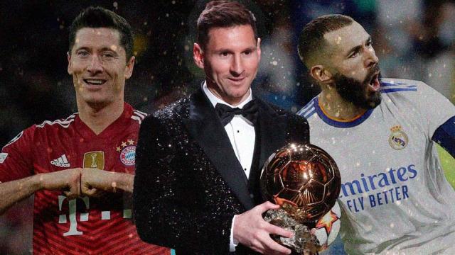 Fotomontaje de Leo Messi, Robert Lewandowski y Karim Benzema