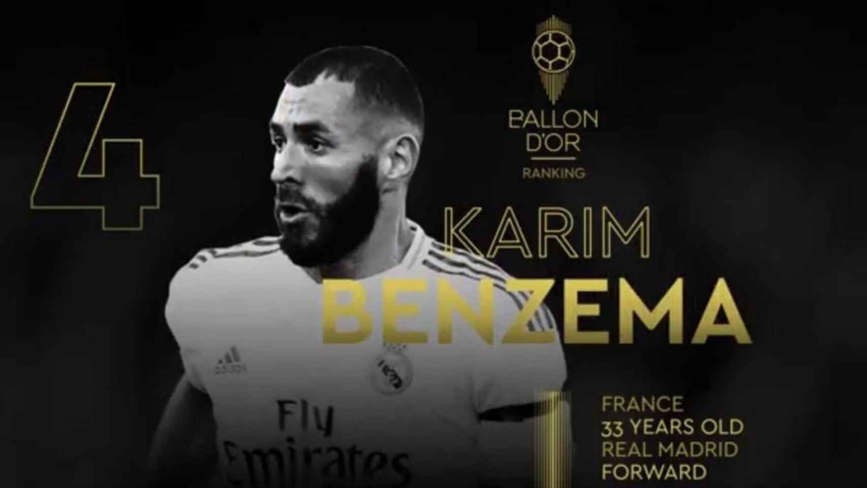 Karim Benzema, cuarto en el Balón de Oro 2021