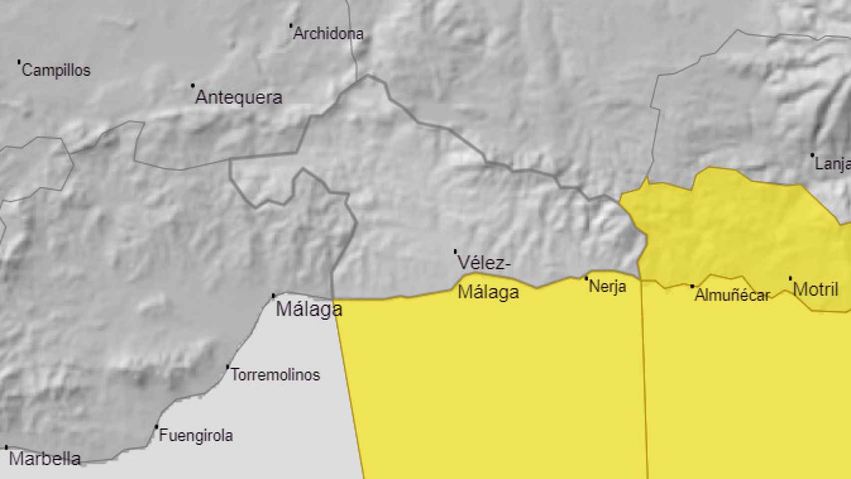 El mapa que especifica la alerta amarilla en la Axarquía.