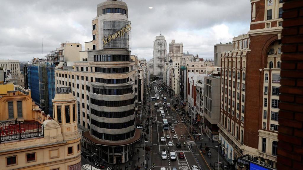 Vista aérea de la Gran Vía madrileña.