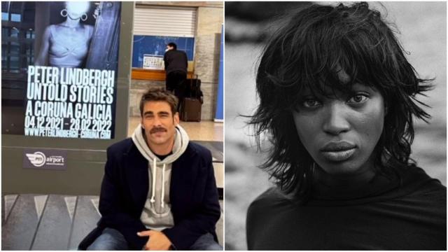 Jon Kortajarena en el aeropuerto de Alvedro, y una de las fotos de Naomi Campbell en la exposición