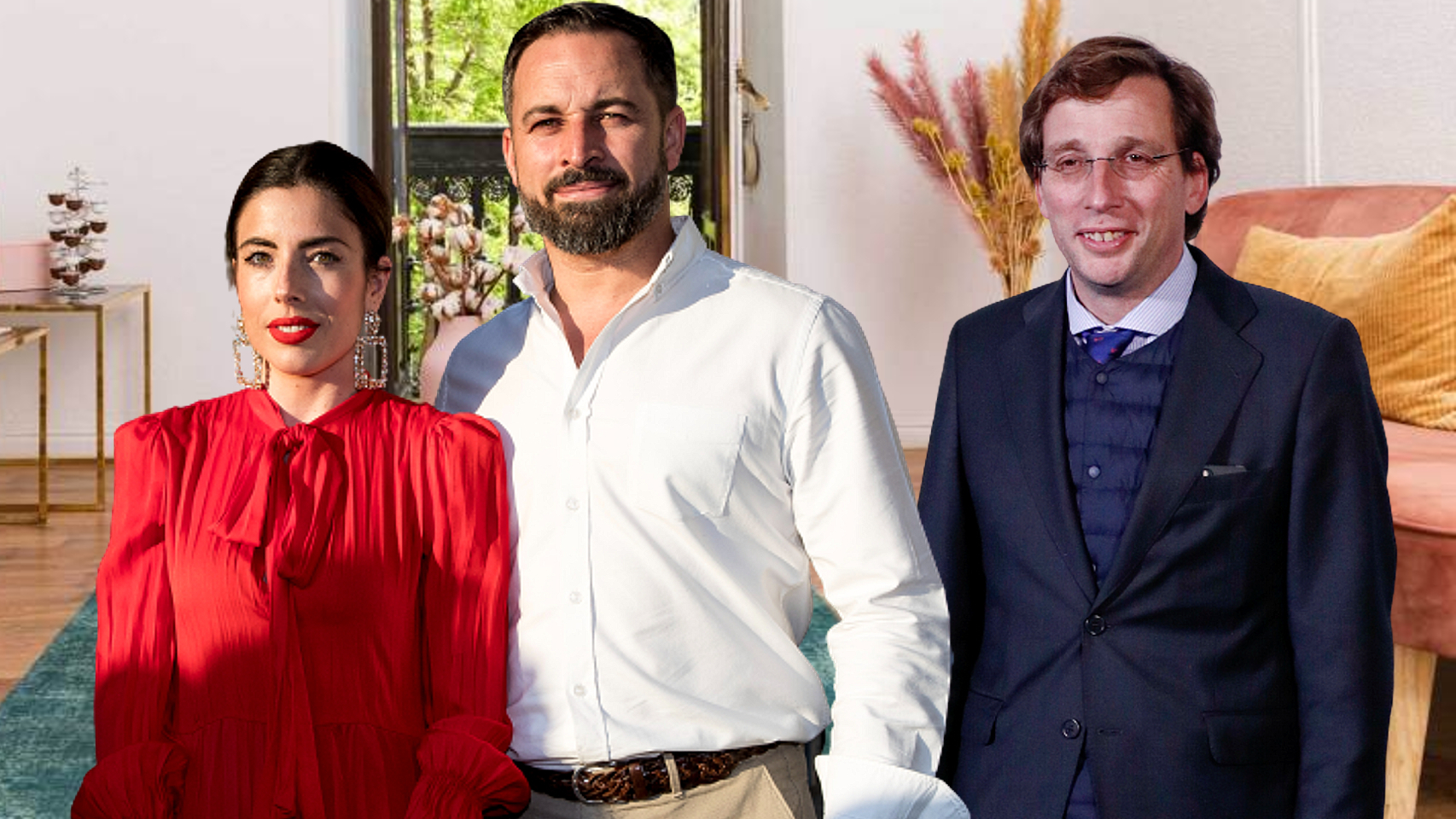 Lidia Bedman, Santiago Abascal y José Luis Martínez-Almeida, en la sala de espera de su fisio, en un montaje de Jaleos.