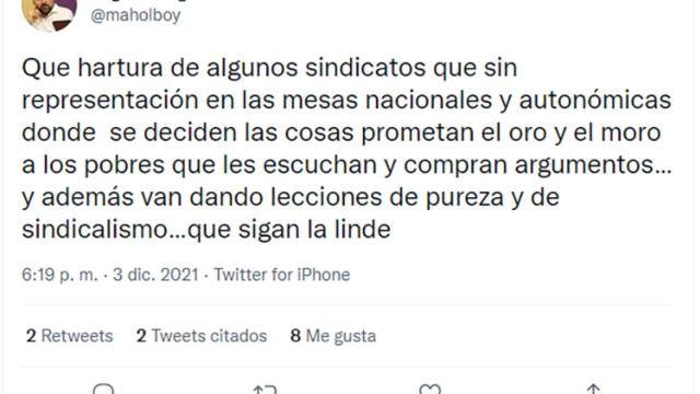 Tweet del secretario regional de Sanidad de UGT Servicios Públicos Castilla y León, Miguel Holguin Boyano