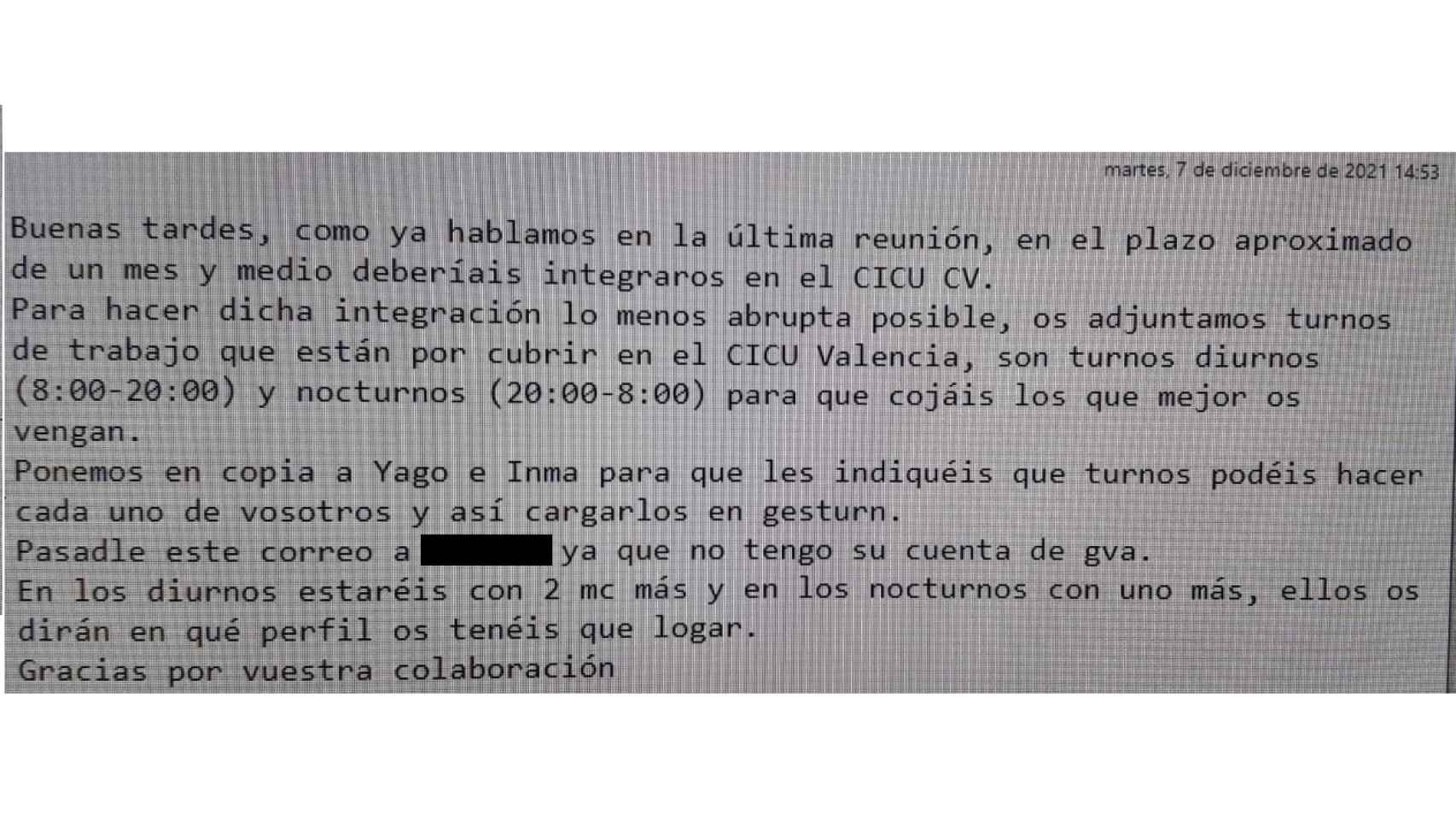 Email que han recibido los profesionales del CICU Alicante, del pasado martes.