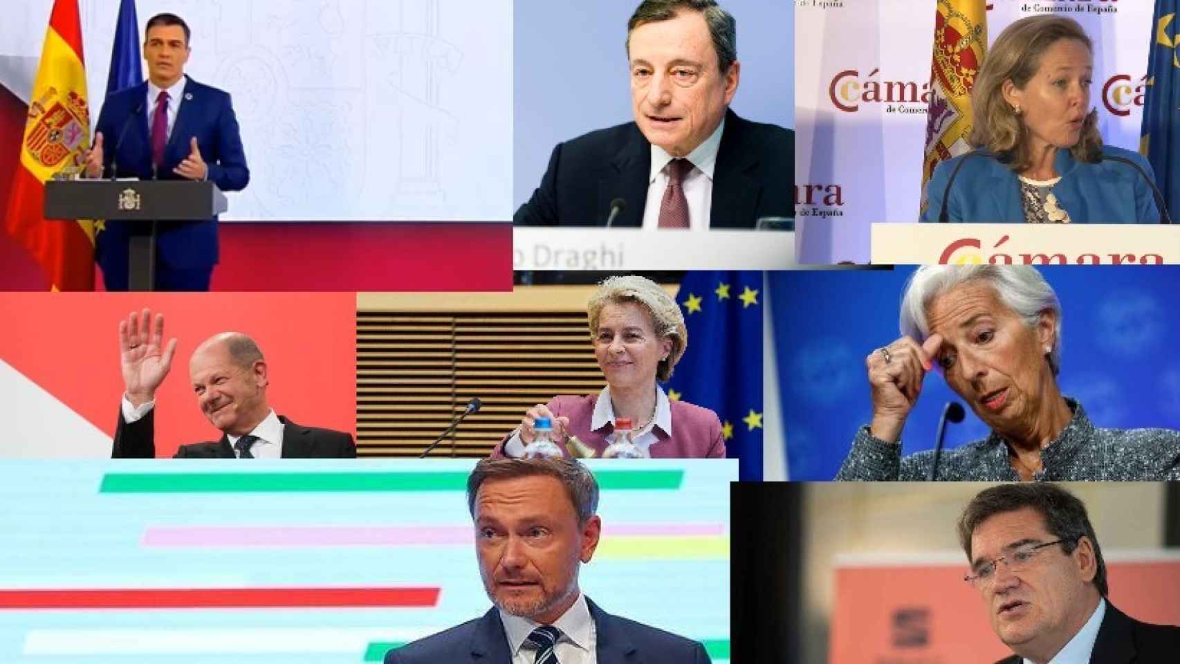 Pedro Sánchez, Mario Draghi, Nadia Calviño,  Olaf Scholz, Christian Lindner, Ursula von der Leyen, Christine Lagarde y José Luis Escrivá.